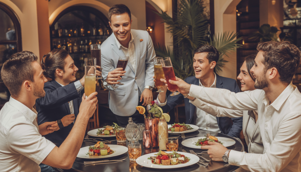 Group of friends at a bachelor party enjoying gourmet dining with a table of delicious dishes and drinks at Palazio.