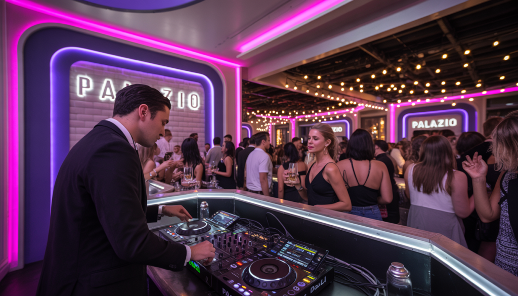 A live DJ performing at Palazio in Austin, Texas with colorful lights and an energetic crowd.