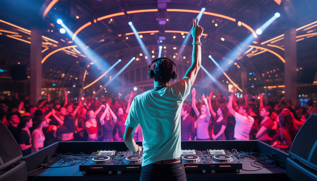 A DJ performing on stage with vibrant lighting and a lively audience at a luxury club, capturing the energy of the nightlife.