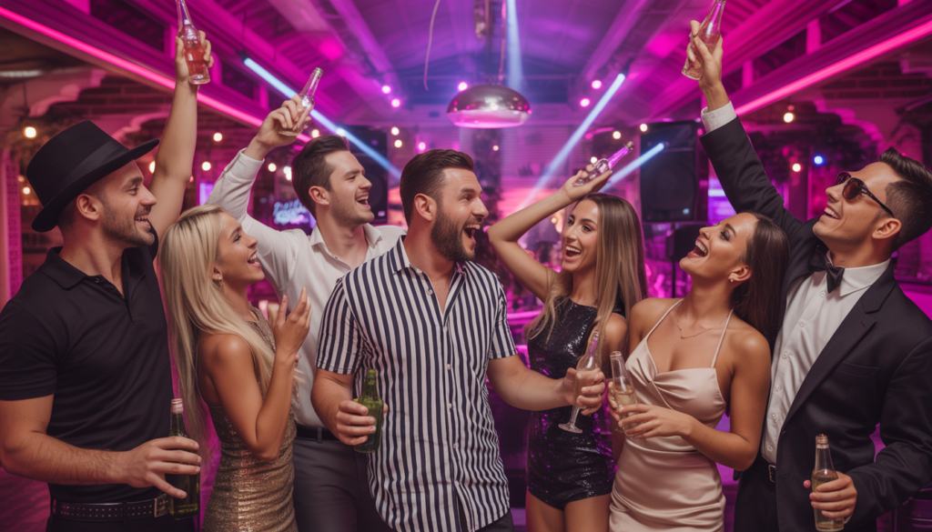 Group celebrating at Palazio with bottle service and live entertainment, capturing excitement and indulgence.