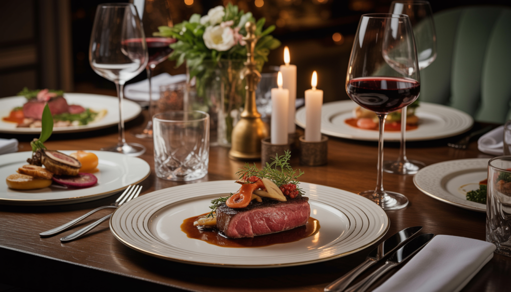 Gourmet dining table at Palazio with exquisite dishes and elegant tableware.